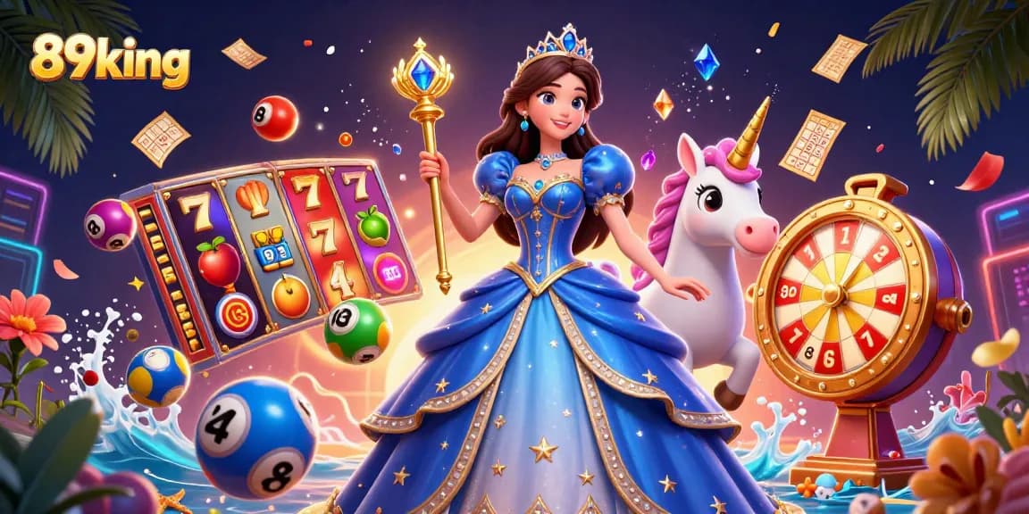 Engage in the ultimate gaming experience with 89king, a vibrant scene packed with slot reels, lotto balls, and prizes.
