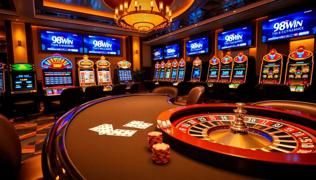 Engage with 98Win's exciting online casino experience featuring poker tables and slot machines.
