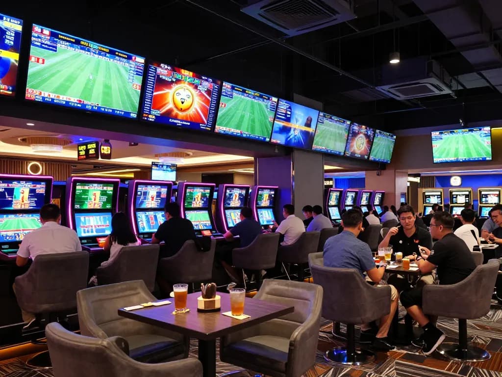 Bongdalu sports betting lounge showcasing live scores and eager bettors strategizing their wagers