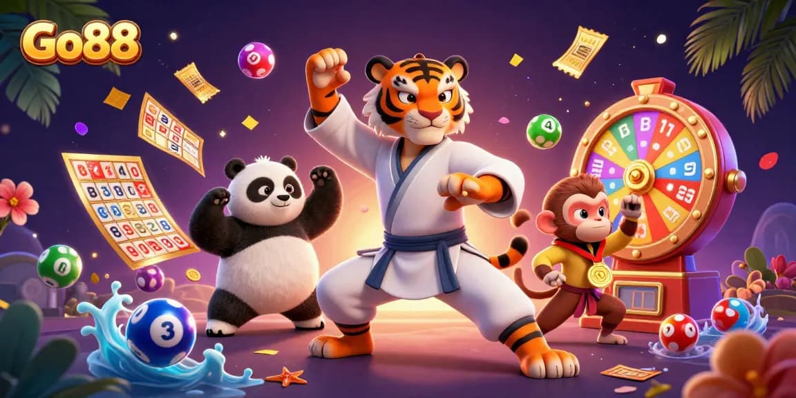 Experience the excitement of Go88 with vibrant bingo, lottery elements, and animated casino characters.