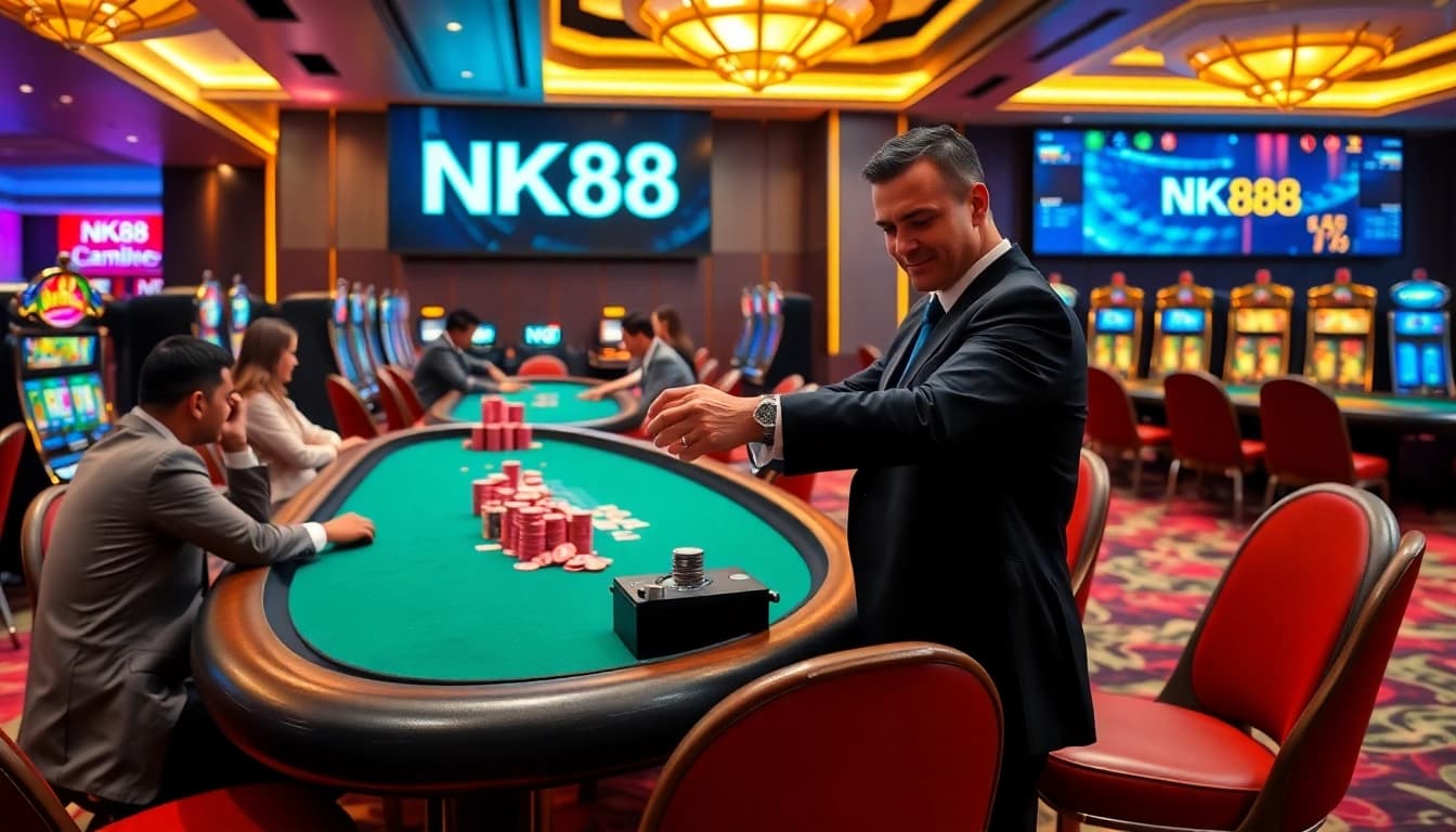 Experience confident play at NK88 casino with vibrant slot machines and poker action.