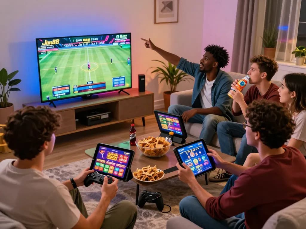 Friends enjoying a lively gaming session with Jun88 platform features prominently displayed on devices in a vibrant living room.