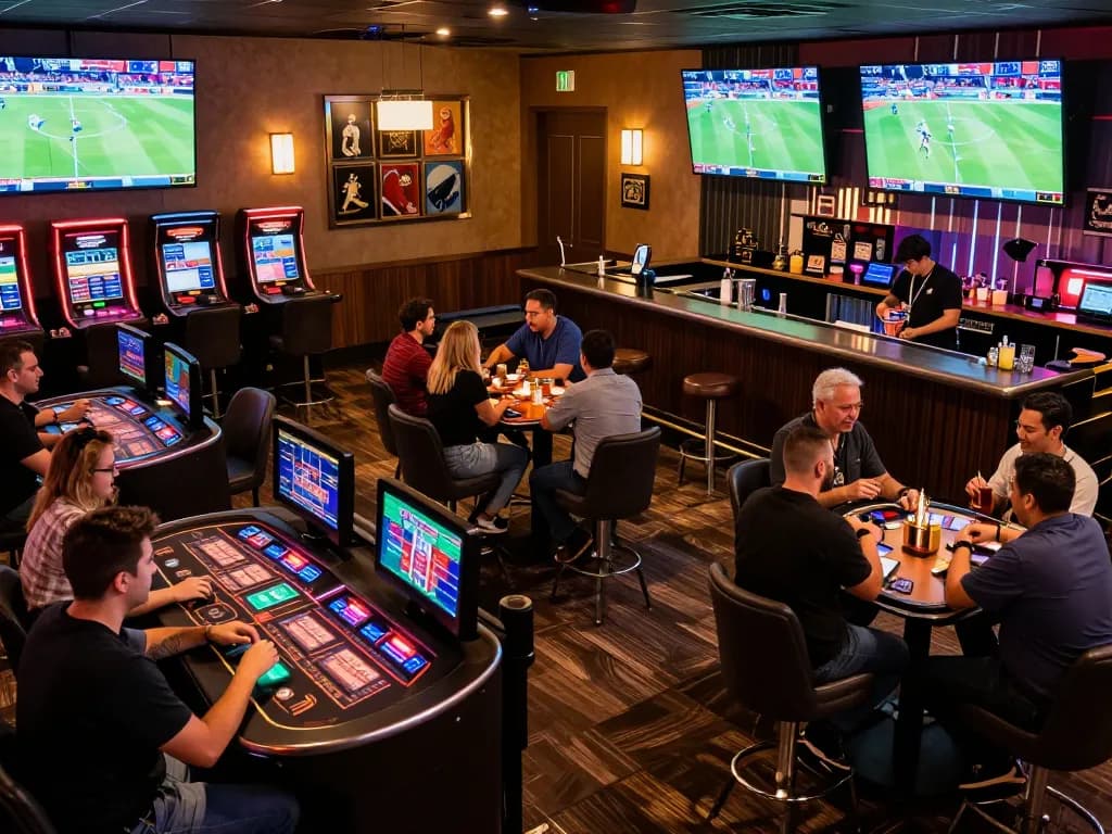 Engaged sports bettors placing wagers at lively Ok9 casino sports bar, showcasing excitement and camaraderie.