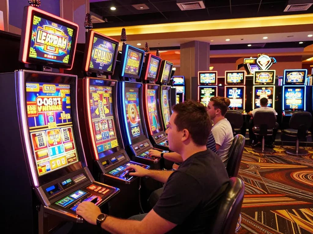 Players enjoying sc88 slots amidst vibrant casino atmosphere and neon lights.