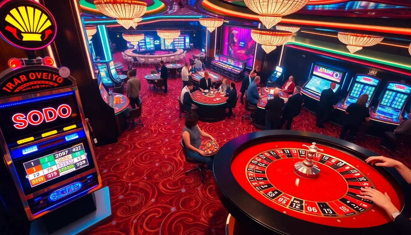 SODO casino scene featuring a roulette table, vibrant players, and luxury atmosphere.