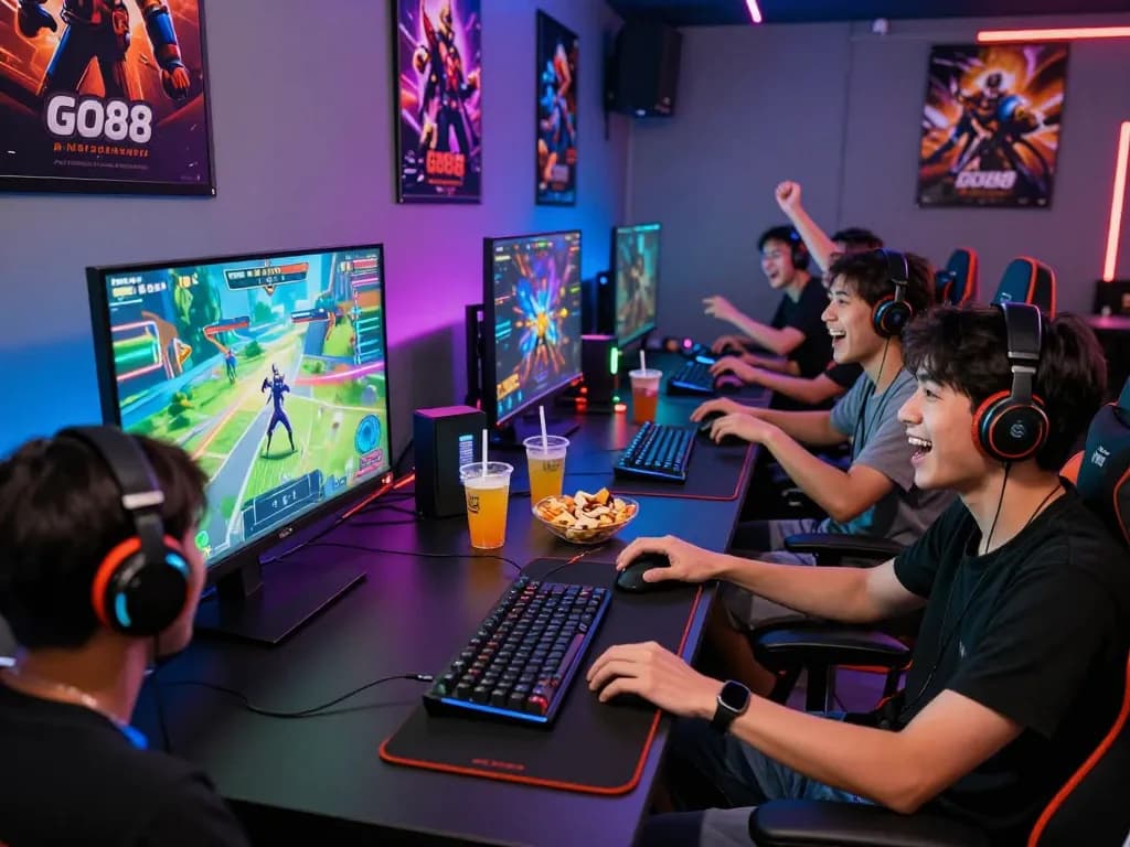 Playing game Go88 trực tuyến in a lively gaming lounge with friends, colorful lighting, snacks, and excitement.