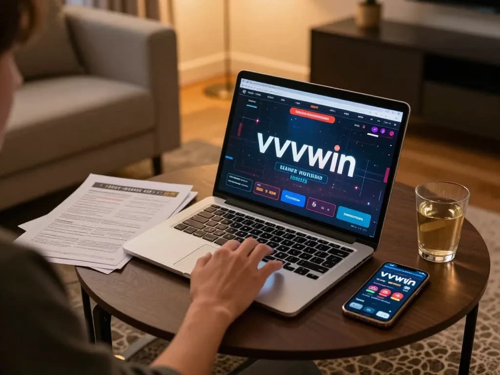 Player enjoying vvvwin online casino gameplay on laptop with strategy notes nearby.