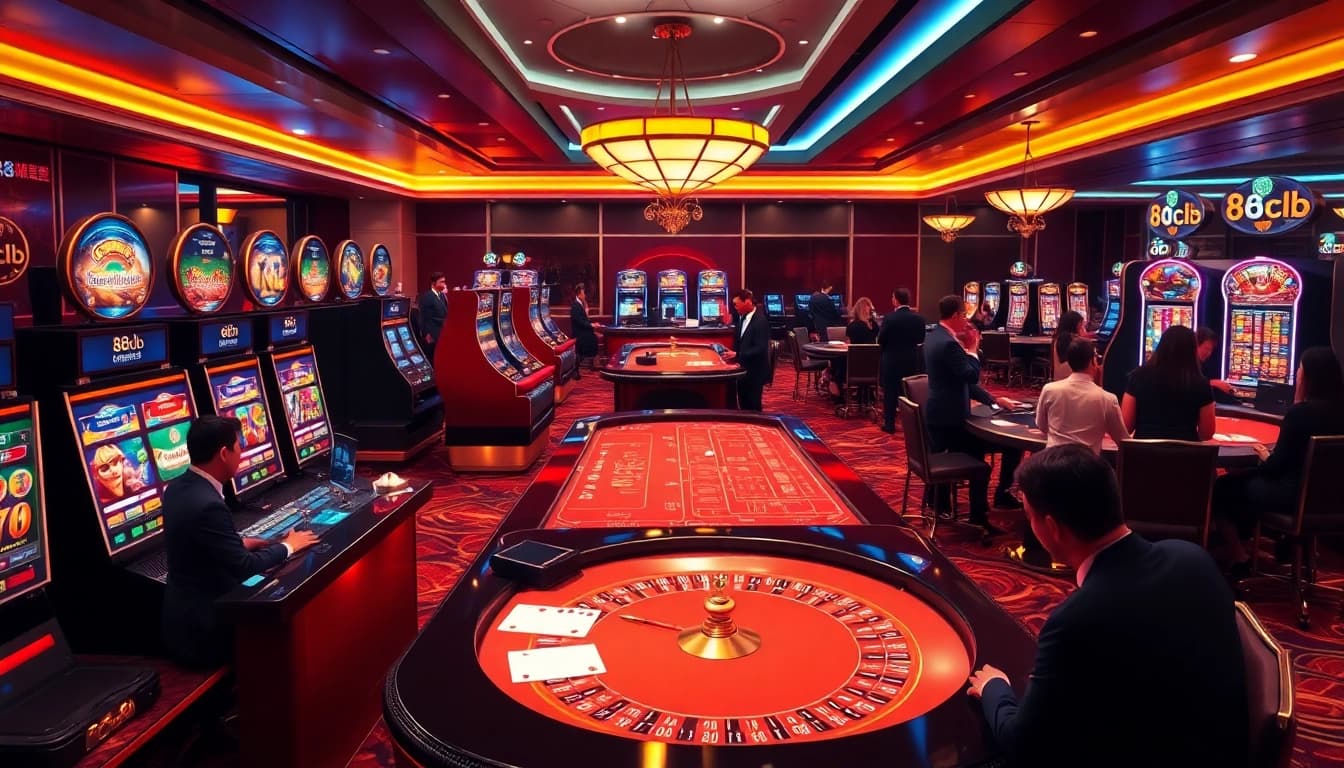 Players enjoying an exciting online casino experience at 88clb with vibrant slot machines and table games.