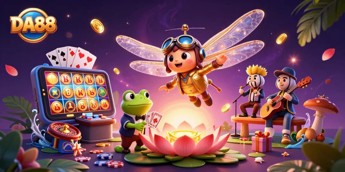 Experience thrilling gameplay with DA88 at a vibrant lily pad casino featuring a dragonfly pilot.