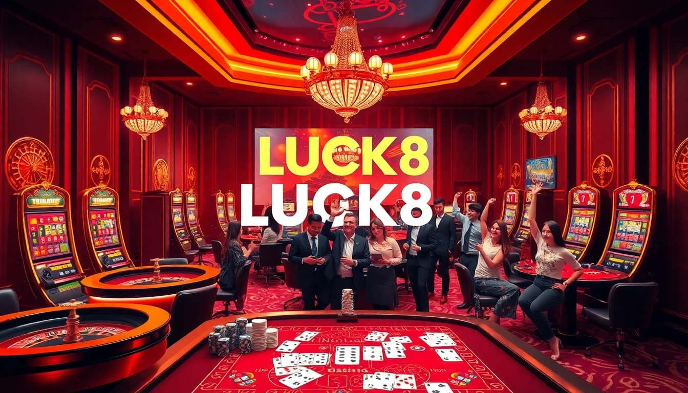 Dynamic gaming scene at nhà cái LUCK8 featuring vibrant casino tables and exciting slot machines.
