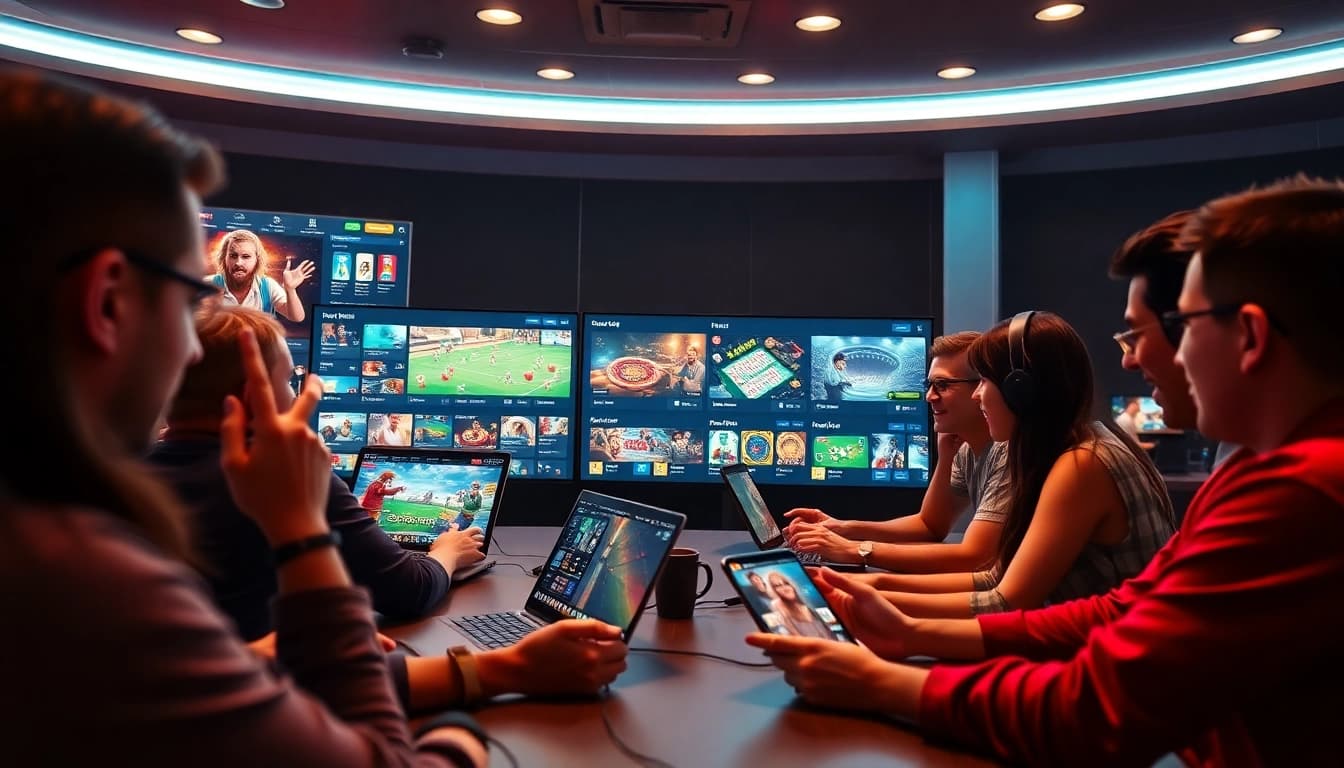 Excited players engaging with IWIN's innovative online gaming platform, showcasing casino and sports betting.