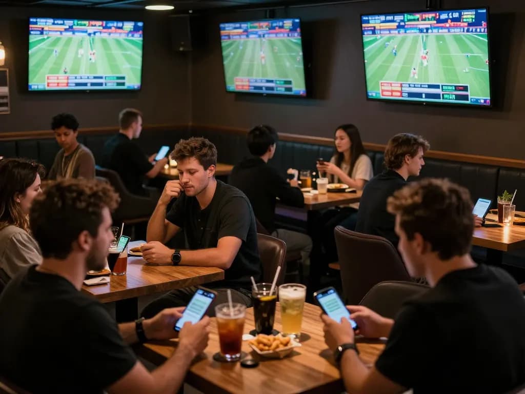 Engaging scene of patrons at ALO8 sports betting event, actively placing bets and watching live matches in a vibrant bar atmosphere.