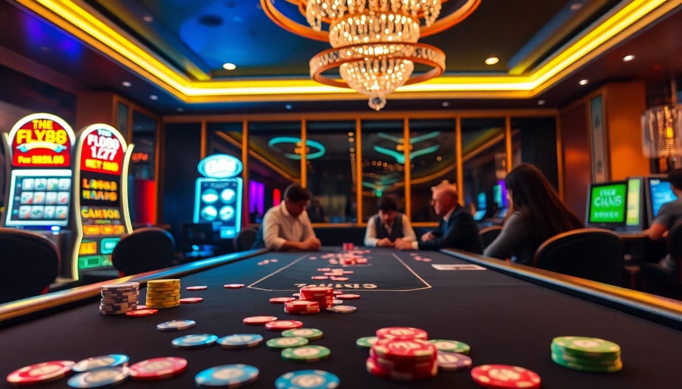 Players enjoying high-stakes poker at FLY88 casino with vibrant atmosphere and luxury elements.
