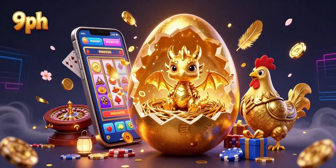 Play thrilling games at 9ph with a golden dragon, poker chips, and a vibrant slot experience.