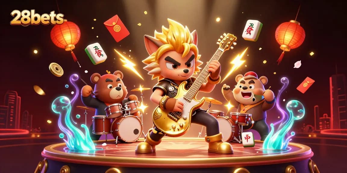 Engage with thrilling moments at 28bets as the rock star wolf and drummer bear entertain on stage.