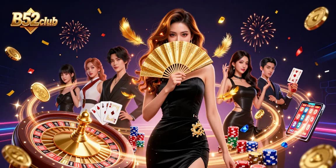 B52club offers an exciting gaming experience with a stunning Asian woman surrounded by slots and classic casino elements.