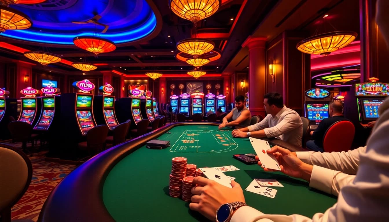 Players enjoy exciting casino games at FLY88, featuring vibrant tables and slot machines.