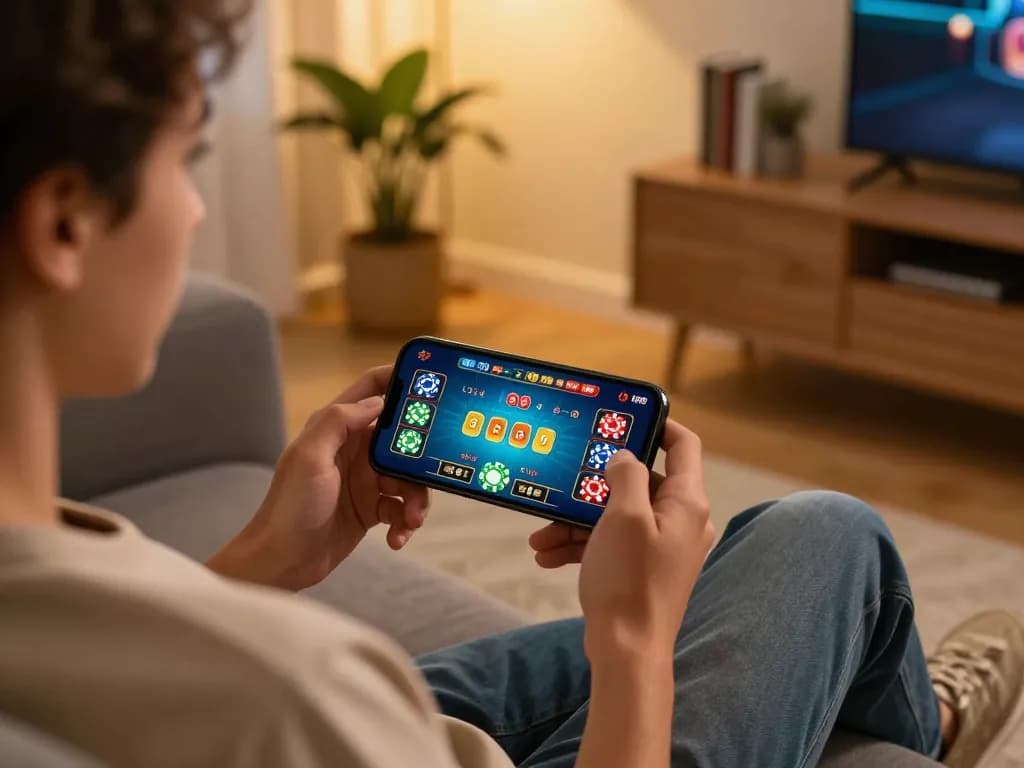 Engaging in mobile casino gaming at home with luck8 app on smartphone while enjoying a cozy atmosphere.