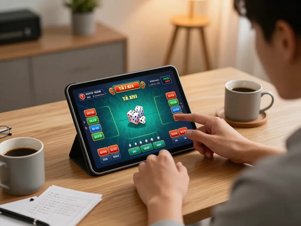 Playing tài xỉu online uy tín on a tablet in a cozy home, showcasing a strategic gaming atmosphere.