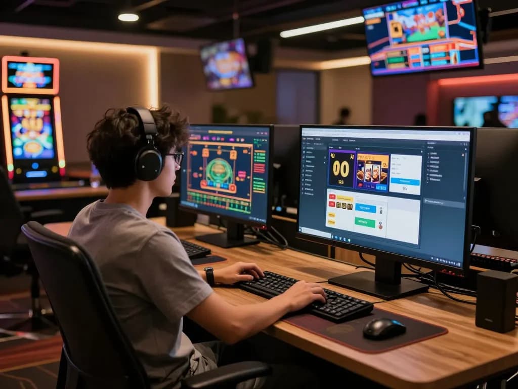 Engaging in online gaming strategy on BK33 platform, showcasing multiple screens of live games and slots.