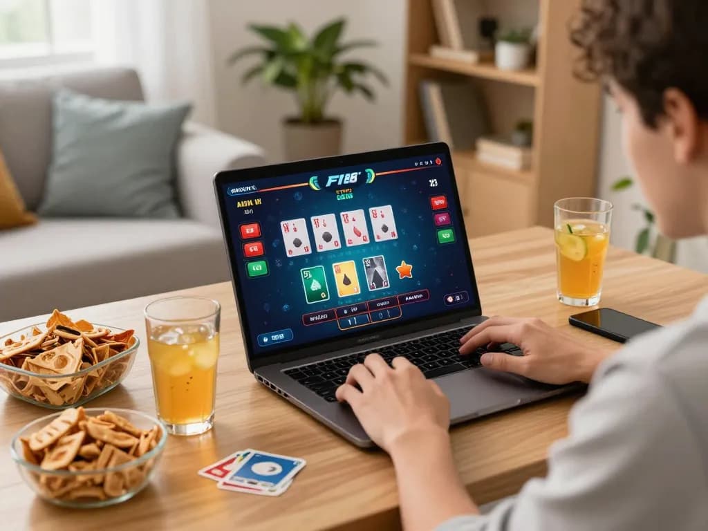 Engage in F168's live dealer gaming from home with a cozy gaming setup and snacks.