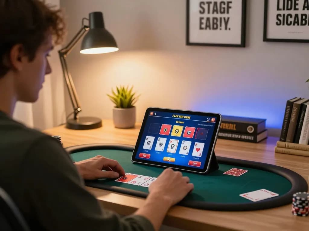 Engaging online poker gameplay on tip88 tablet, showcasing dynamic betting options in cozy home setup.