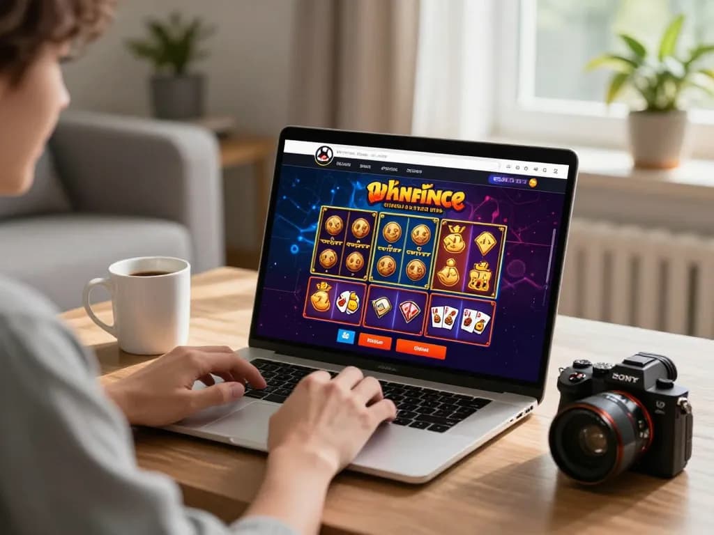 Engaged player enjoying 789P online casino game on laptop in cozy environment.