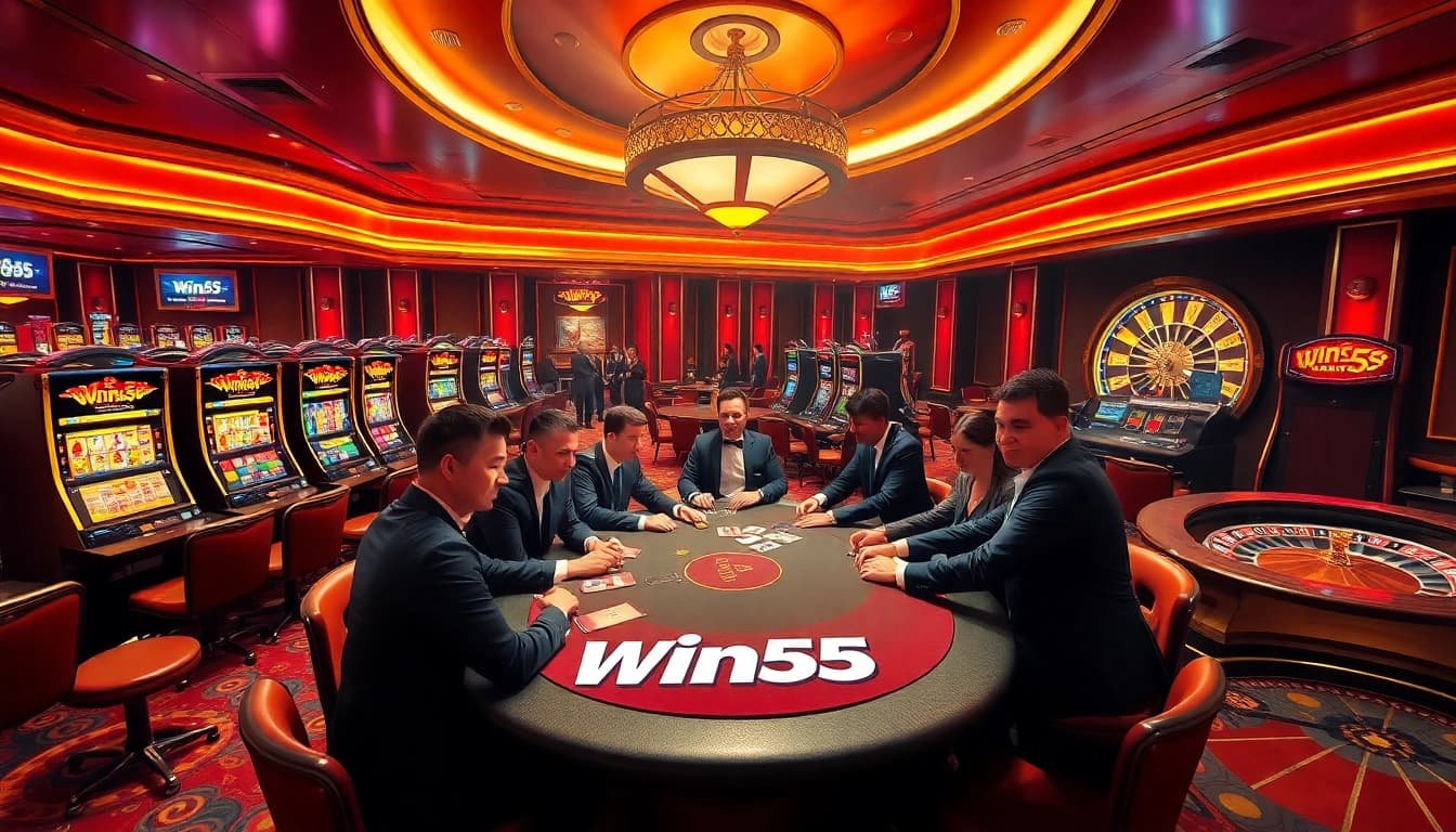 Win55 players engaging in an exciting casino atmosphere with cards and chips