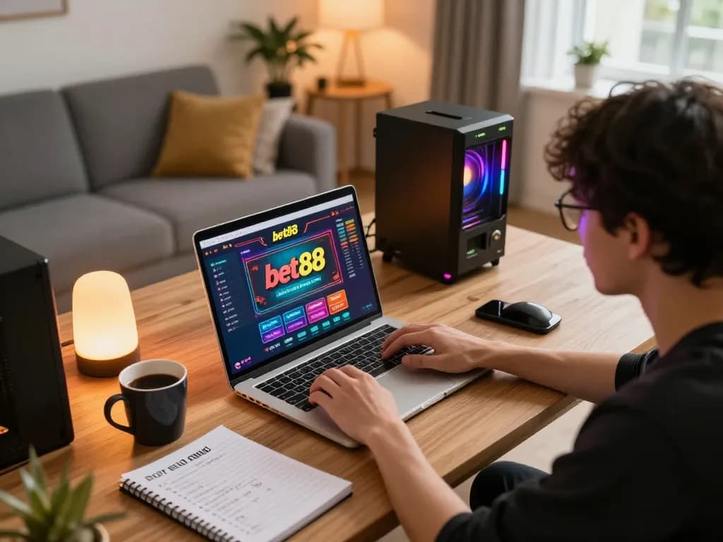 Explore gameplay strategies on bet88's online casino platform in a cozy home setting