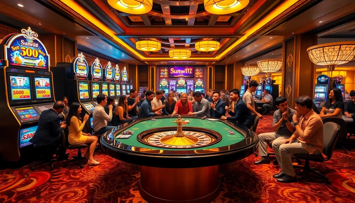Players enjoying a thrilling game at Sunwin's luxurious casino table with vibrant slot machines.