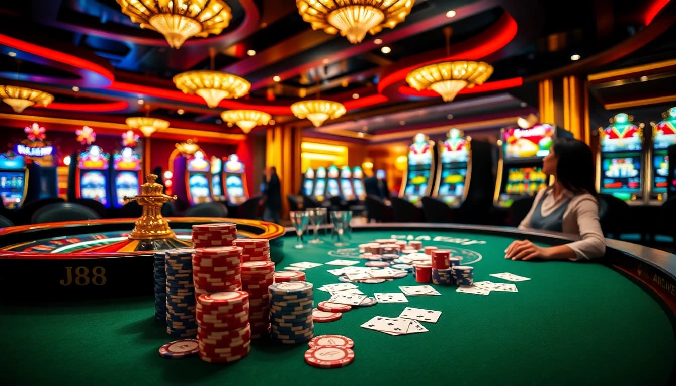 Players enjoying high-stakes poker at J88 casino, surrounded by vibrant lights and colorful chips.