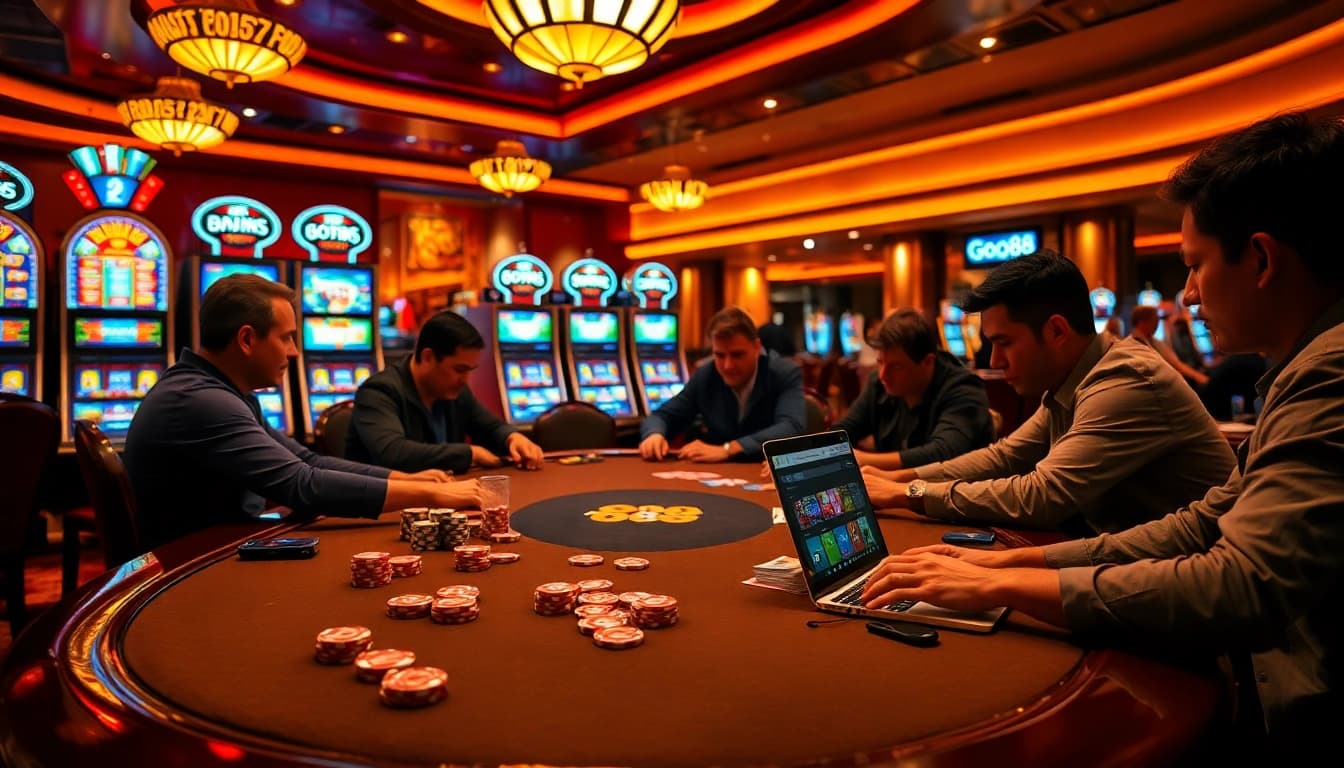 Experience the thrill of a go88 poker game with intense players and vibrant casino ambiance.