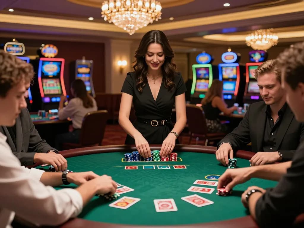 Kkwin players enjoying a lively poker game at a luxurious casino table.