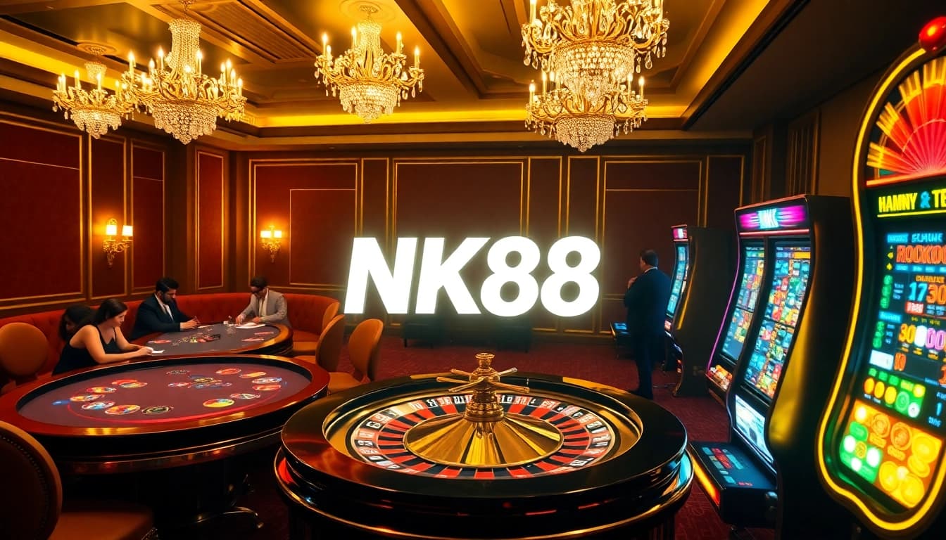 Gamblers enjoying exciting games at NK88 casino with vibrant atmosphere and roulette wheel.