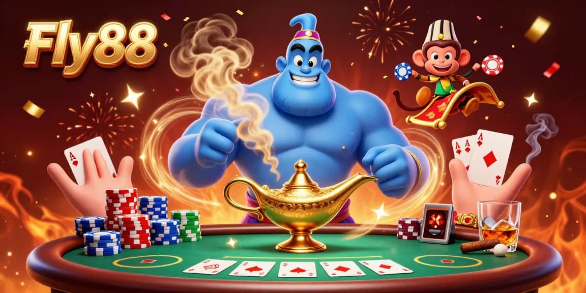 Experience the thrill of Fly88 with a vibrant casino scene filled with poker action and magical elements.