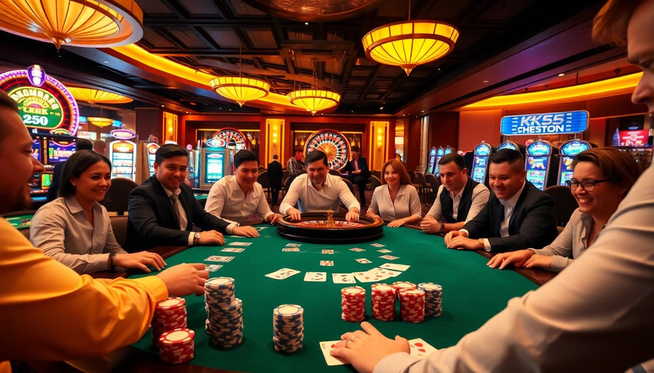 Players immerse in the KK55 casino experience, surrounded by vibrant slot machines and poker gameplay.