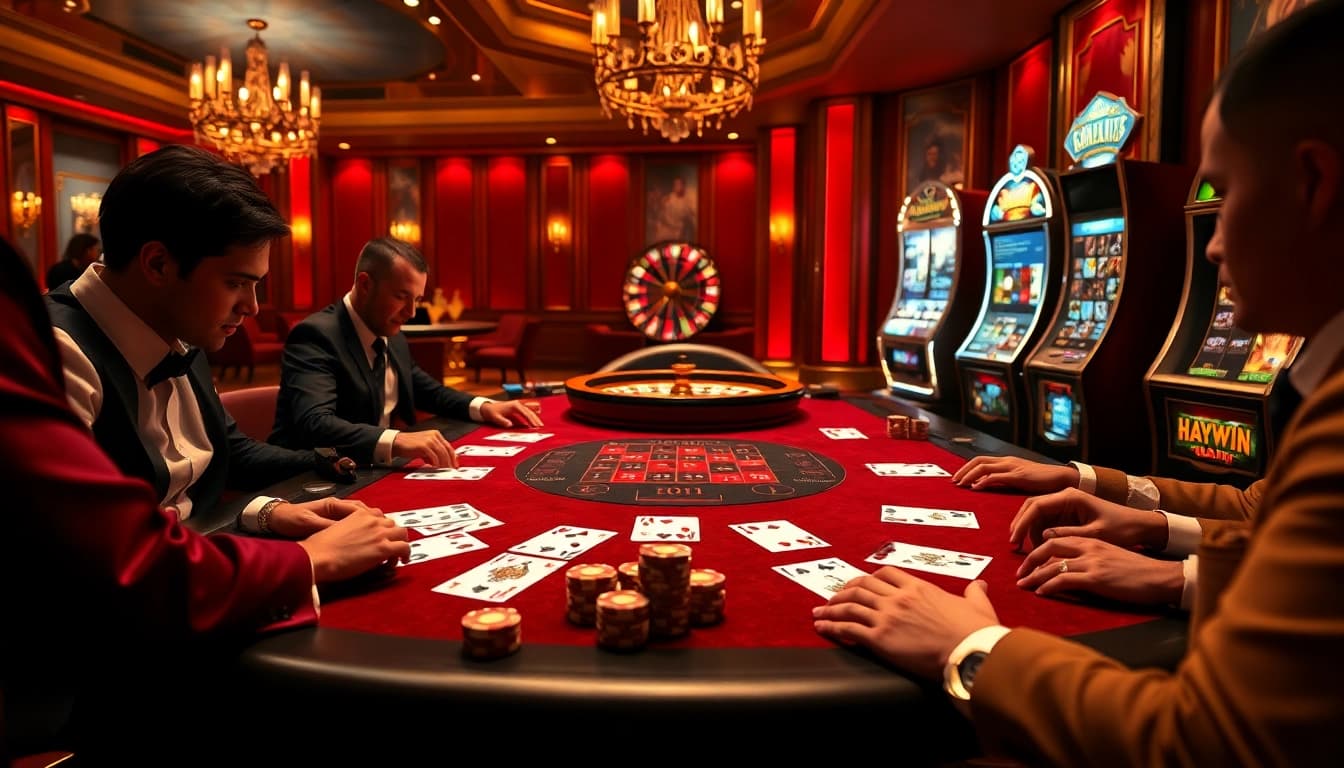 Players winning big at a high-stakes poker table in an elegant casino scene featuring haywin-themed elements.