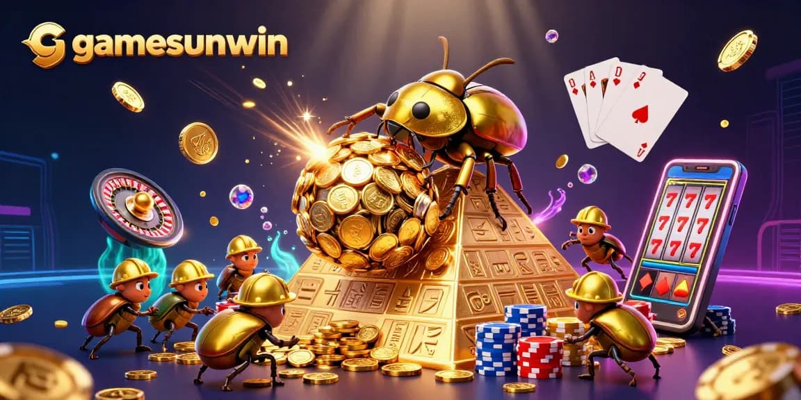 Experience the thrill of gamesunwin as golden beetles celebrate a jackpot amidst spinning reels and vibrant casino elements.