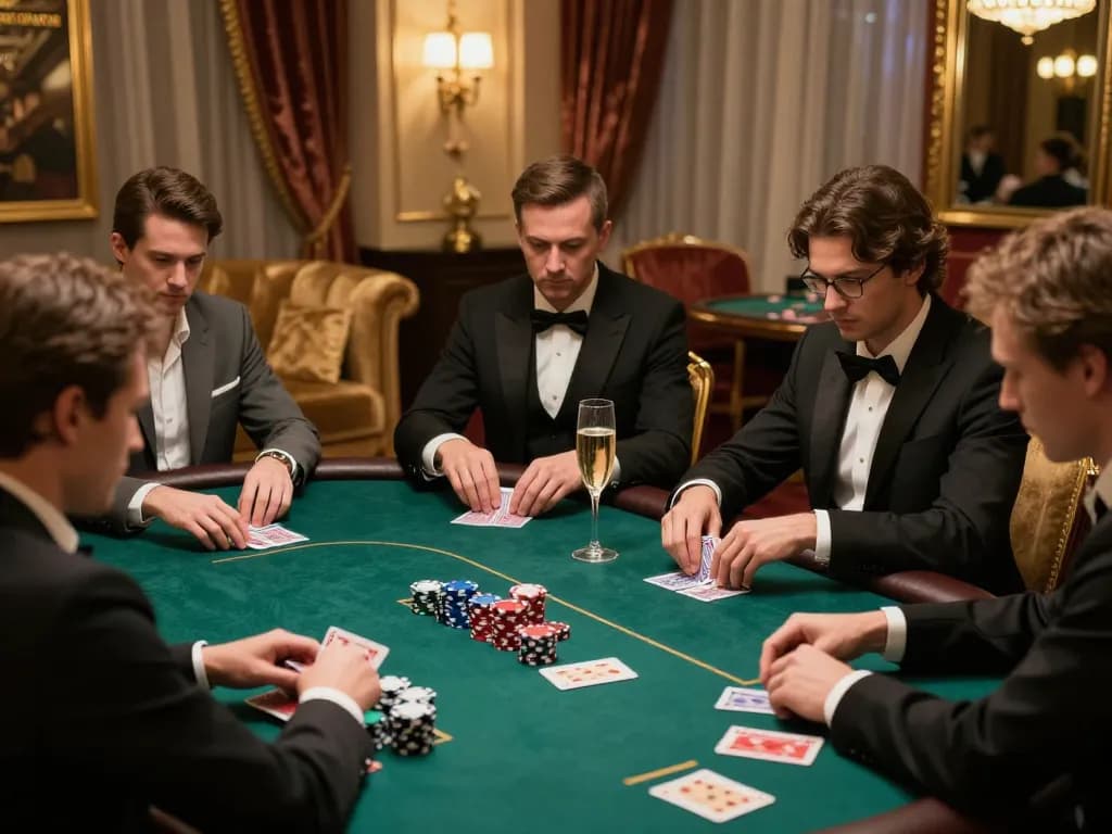 LC88 players strategizing in a luxurious poker room, highlighting high-stakes gaming.
