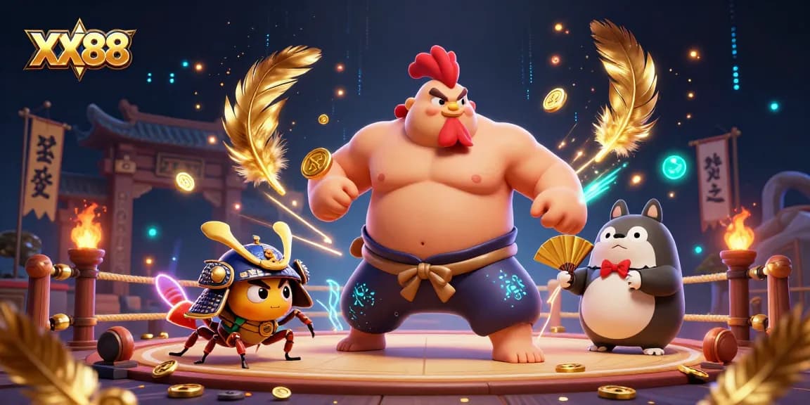 Engage with the thrilling XX88 gaming arena featuring a powerful sumo rooster and samurai cricket.