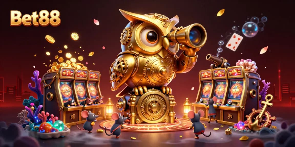 Engage with Bet88's thrilling casino adventures featuring owl characters amidst vibrant game elements.