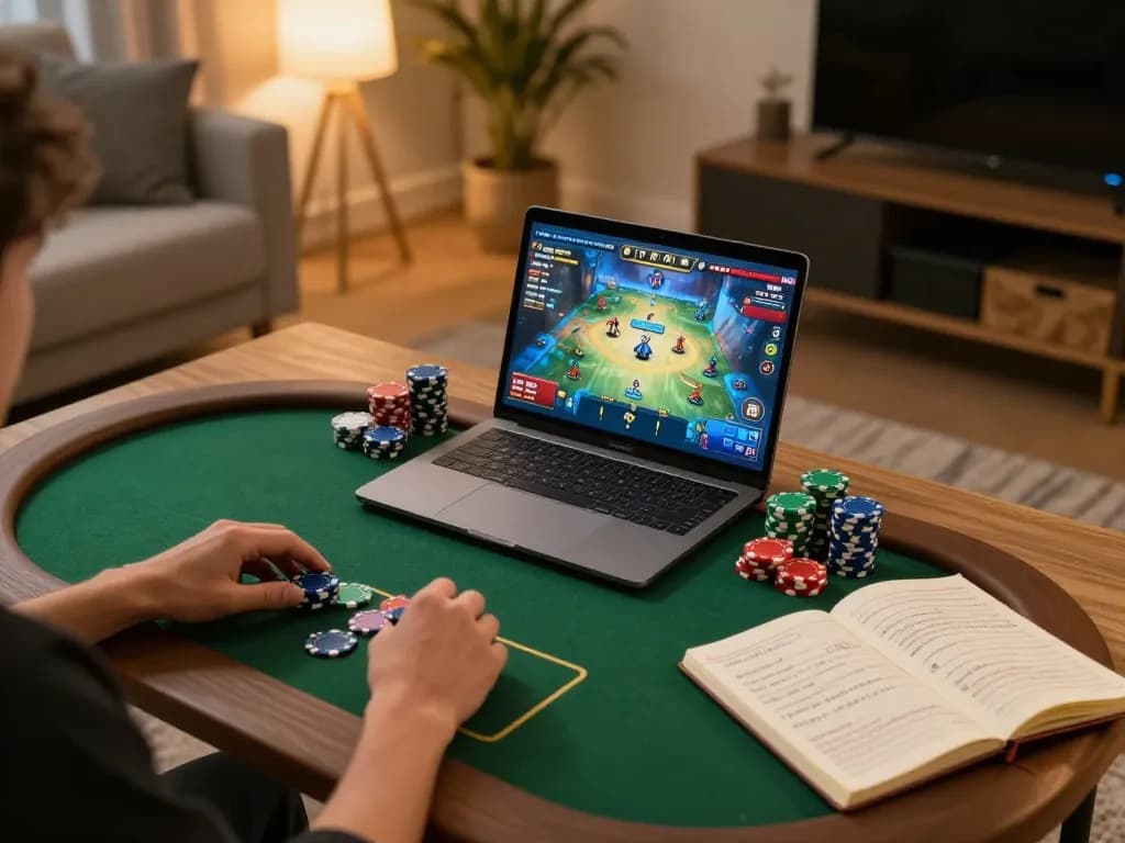 Player engaging in game bài on laptop with poker chips and strategy notes visible