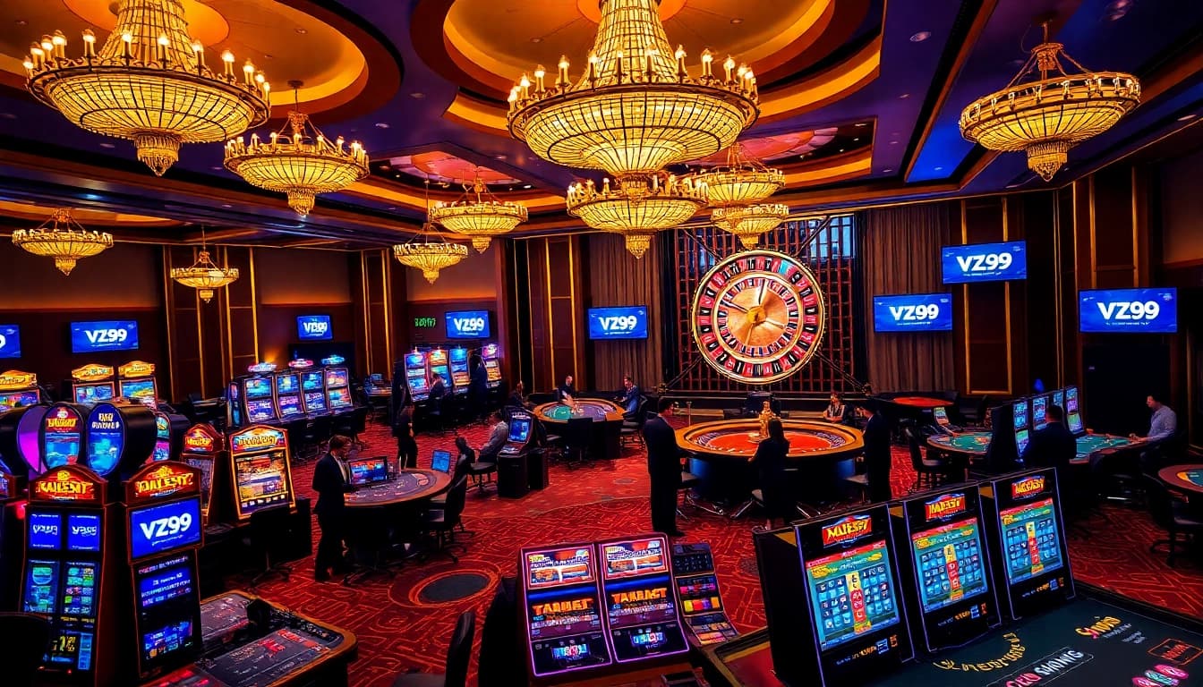 Experience the thrilling gameplay at VZ99 casino with vibrant slot machines and poker tables.