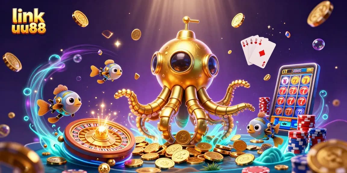 Engage with link uu88's vibrant underwater casino scene filled with golden coins and casino games.