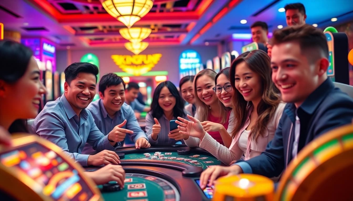 KINGFUN online gaming experience featuring diverse players celebrating wins in casino games.