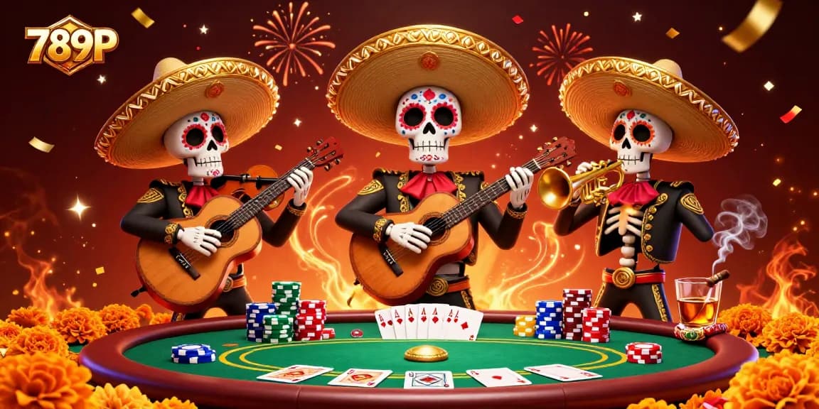Experience the vibrant casino atmosphere at 789P with a festive mariachi band and poker elements.