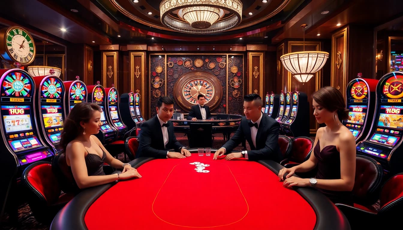Exciting casino scene representing the thrill of online gambling at https://nohu90vn2.com/ with players at poker tables.