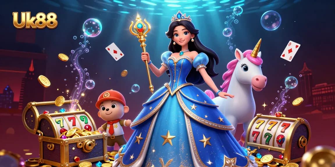 Engage in action at Uk88, an immersive online casino featuring glamorous characters surrounded by slot reels and sparkling gems.