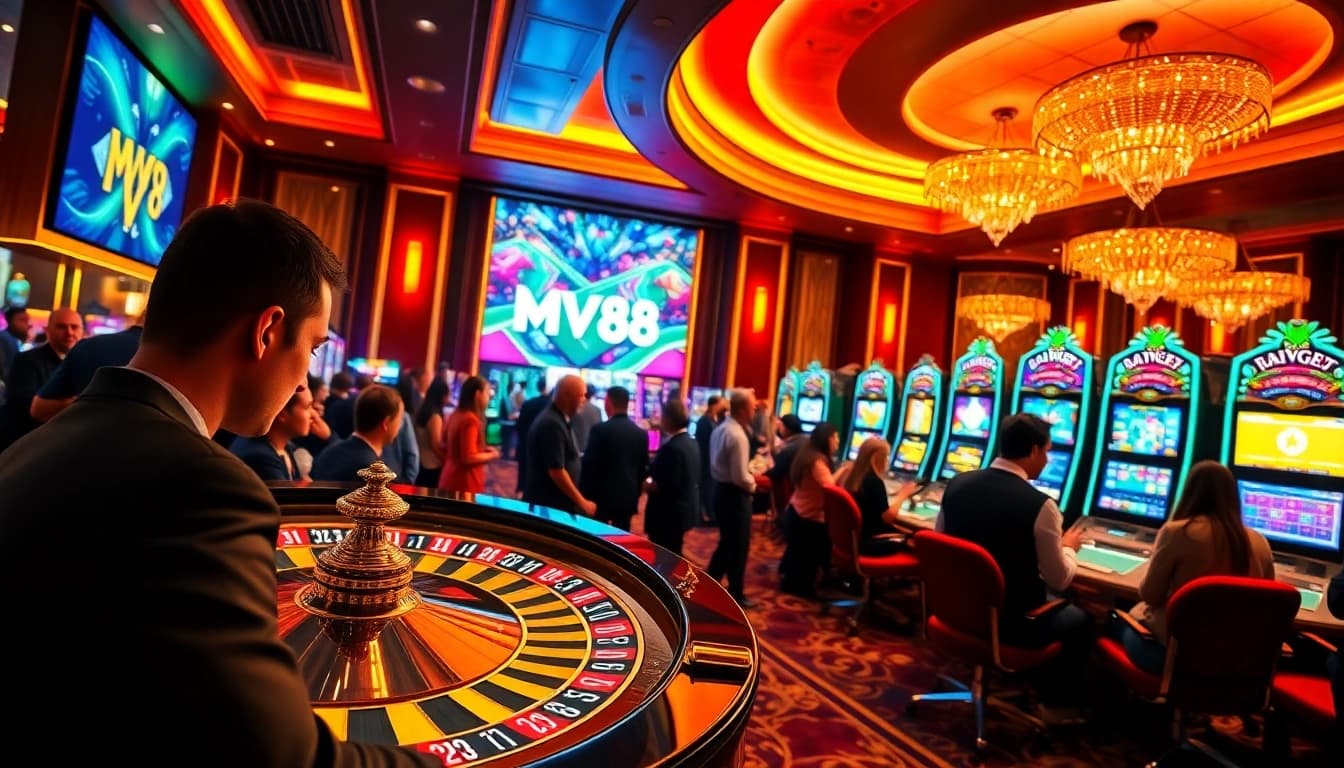 Players enjoying MV88 gaming experience at a luxurious casino with vibrant tables and slot machines.