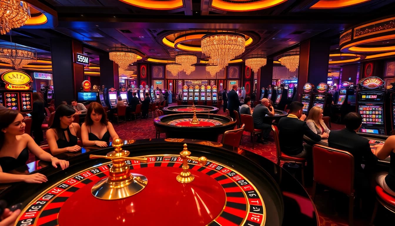 Players enjoying exhilarating games at 555WIN's luxurious casino, featuring roulette and slots.